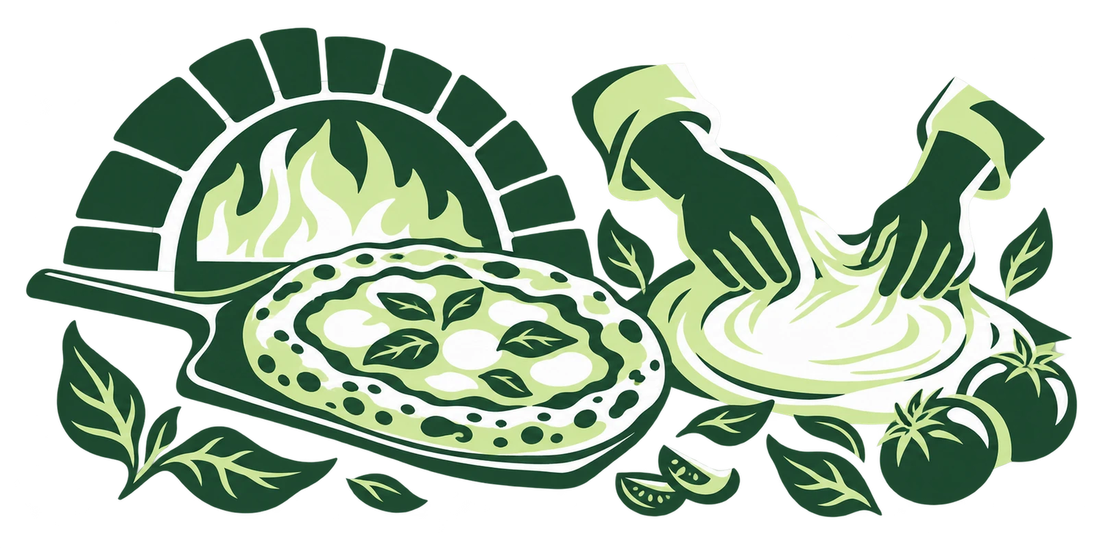 Ilustração de pizza na pá, forno, mãos a preparar massa e ingredientes.